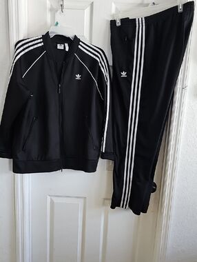 adidas Black Track Jacket and Pants with White Three-Stripes